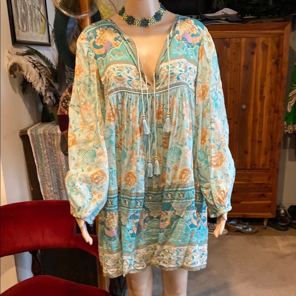 Spell & the Gypsy Seashell Mermaid Blue and Cream Ruffled Tie Front Sundress